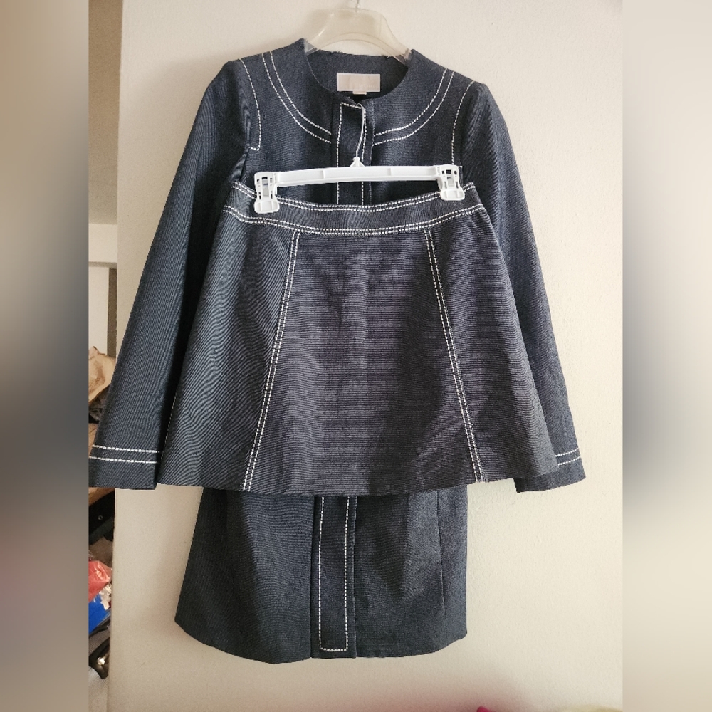 Michael Kors Set Long Denim Jacket Stitches sz xs + A_line skirt sz 4 Nwot